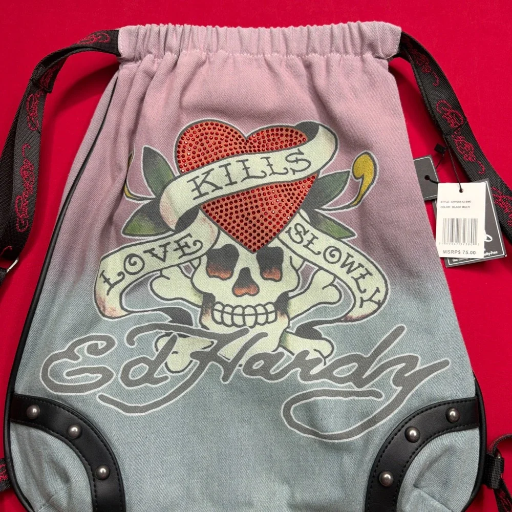 Ed Hardy Love Kills Slowly Ombre Drawstring Backpack Rhinestone Skull Pink Blue